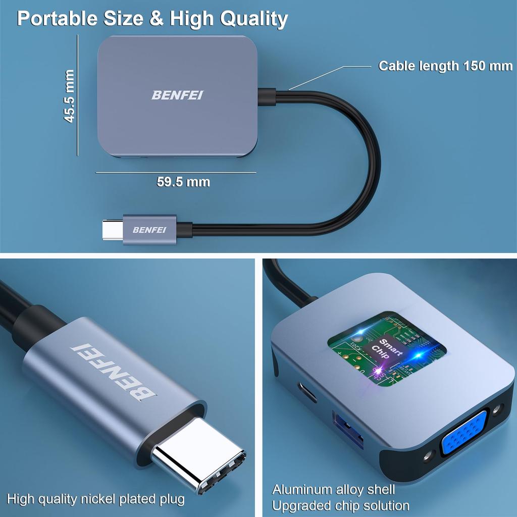 BENFEI USB C USB C auf HDMI VGA USB PD Lade HDMI VGA Konverter Thunderbolt iPhone 15 MacBook iPad XPS 4-in-1 Hub, 3.0 Adapter, Typ-C Adapter, 3/4
