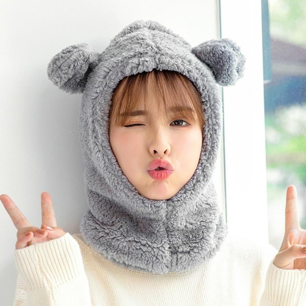 Cute Winter Warm Hedging Cap Cartoon Plush Hat Scarf Casual Bear Ear Hat Scarf  Autumn