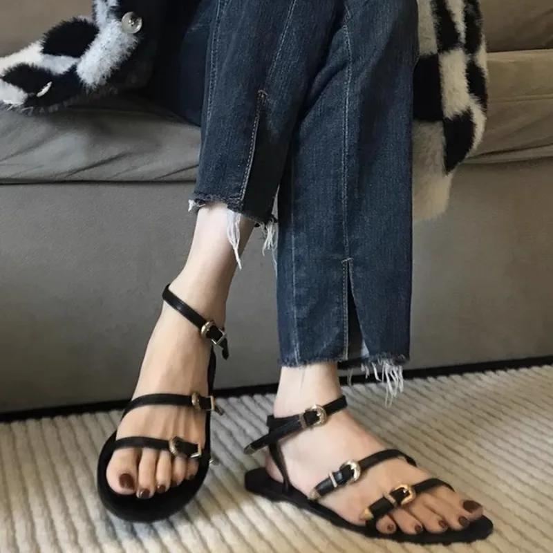 

French Genuine Leather Women Open Toe Sandals Summer Flat Rome Sandal Beach Shoes High-quality Ladies Shoes 40 чорний