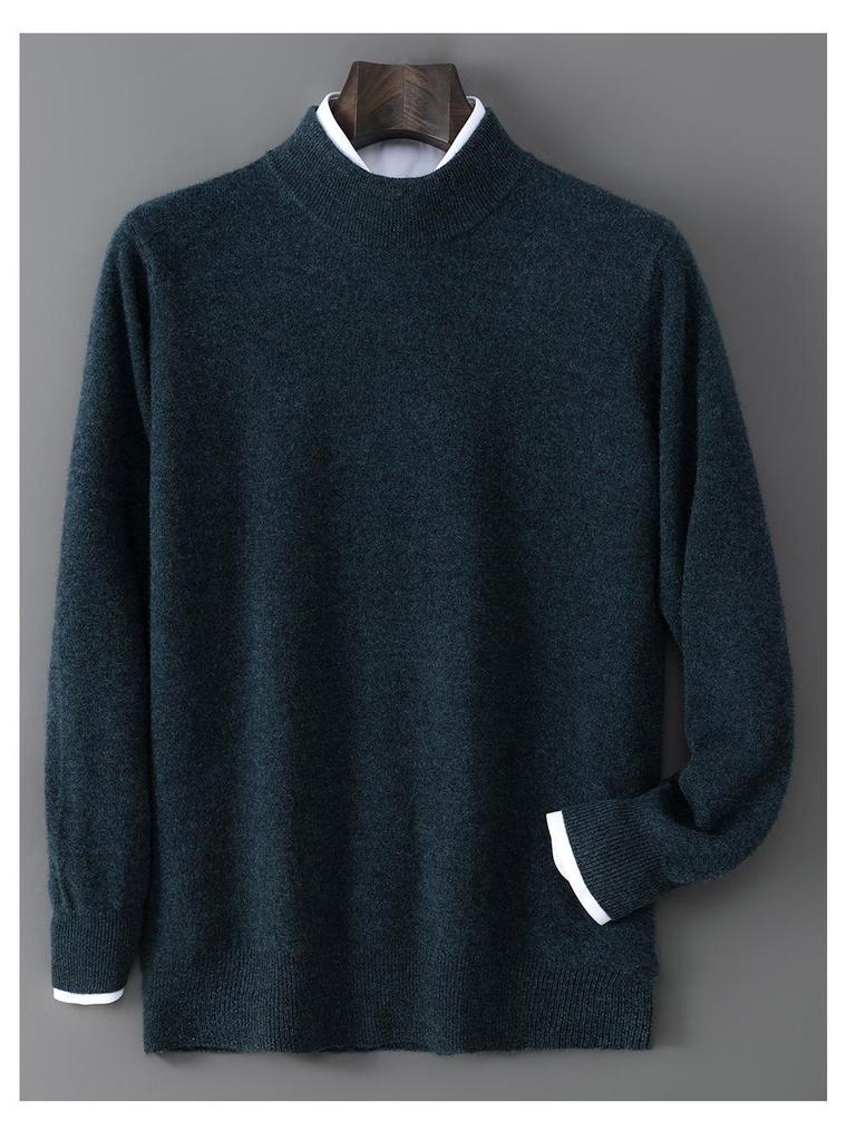 Men's 100% Pure Wool Half-High Neck Sweater - Solid Color, Business Casual Knit Base Layer Top