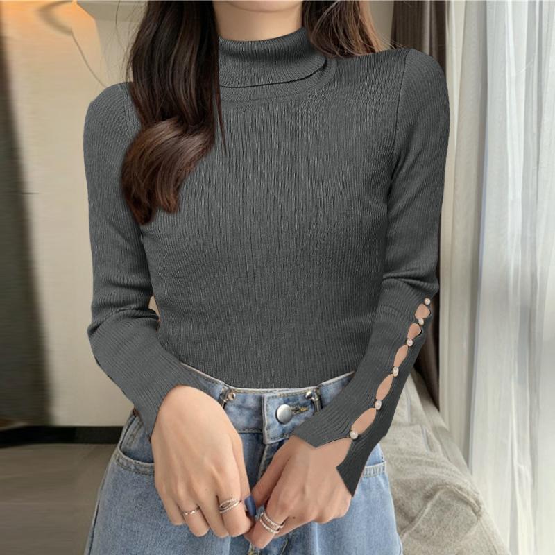 ZANZEA Autumn Winter Women Turtleneck Sweater Long Sleeve Pearl Knitted Jumpers Undershirts