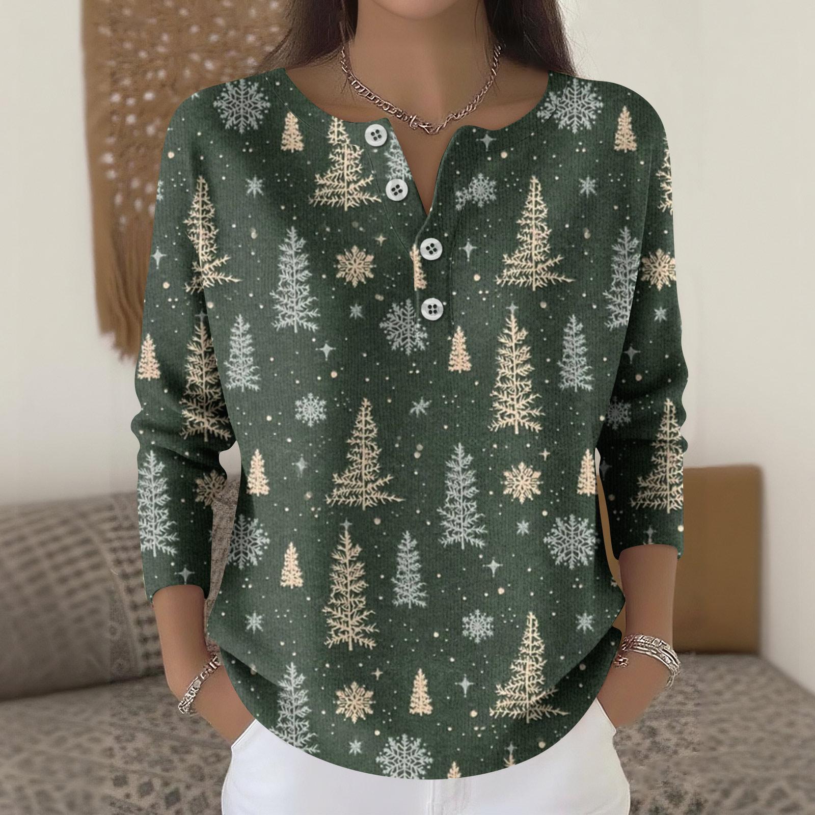 

Женская мода Топ с длинным рукавом и рождественским принтом в виде снежинок Элегантный повседневный топ L армия зеленый