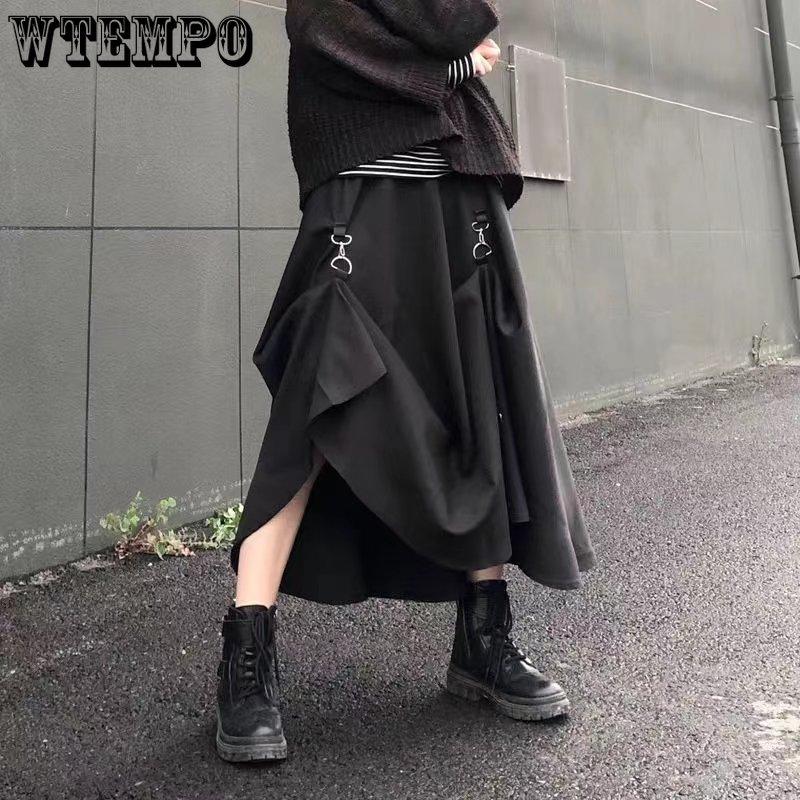 WTEMPO Harajuku Punk Stil Röcke Frauen Hohe Taille Schnalle Unregelmäßigen Gothic Rock Schwarz Hip Hop Streetwear Frei Einstellbar