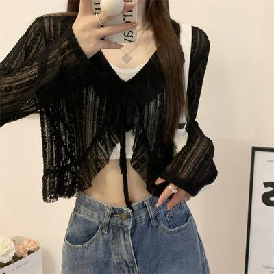 Süße Bluse für Damen, Sommer, Chiffon, weiß, langärmelig, Spitze, Strickjacke, abgeschnittene Tops, schwarz, Sonnenschutz, luftiges Hemd