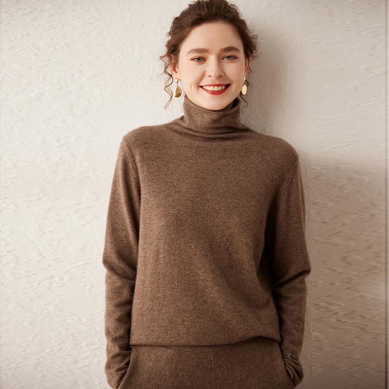 Women's Cashmere Sweater with Rolled Hem and Pile Collar – Solid Color, Loose Knit Pullover for Autumn and Winter