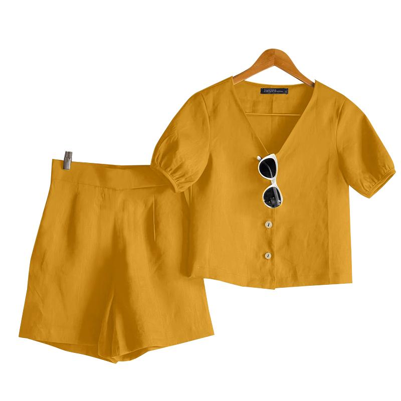 ZANZEA Women Short Sleeve Blouse and Shorts Summer Casual Two Piece Sets