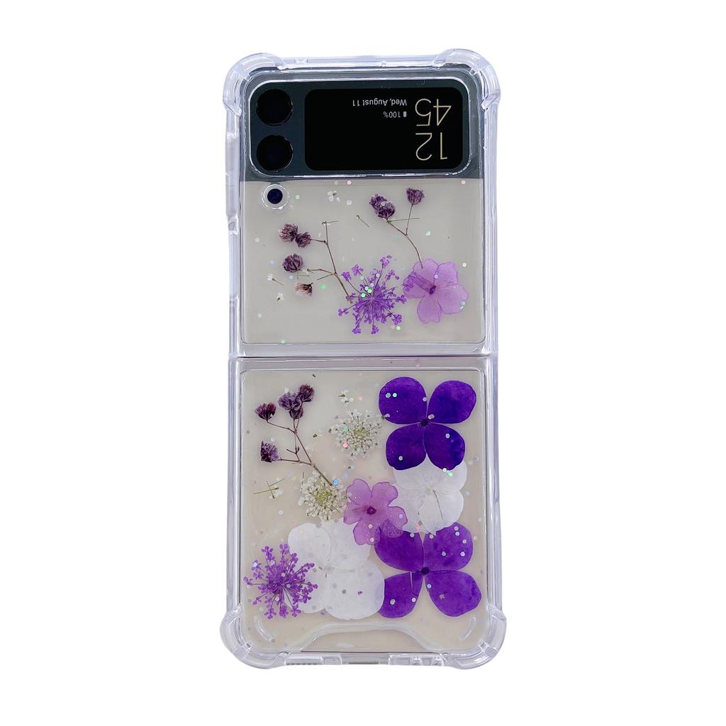 Real Dried Flower Sequins Glitter Phone Case For Samsung Z Flip 3 4 5 6 Case For Galaxy Fold 4 5 6 Soft Shockproof Cover