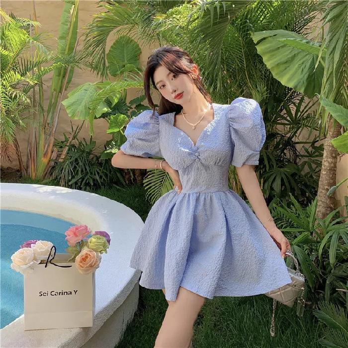 Summer New Sweet V-neck Waist Short Skirt Retro Lantern Sleeve Dress Women