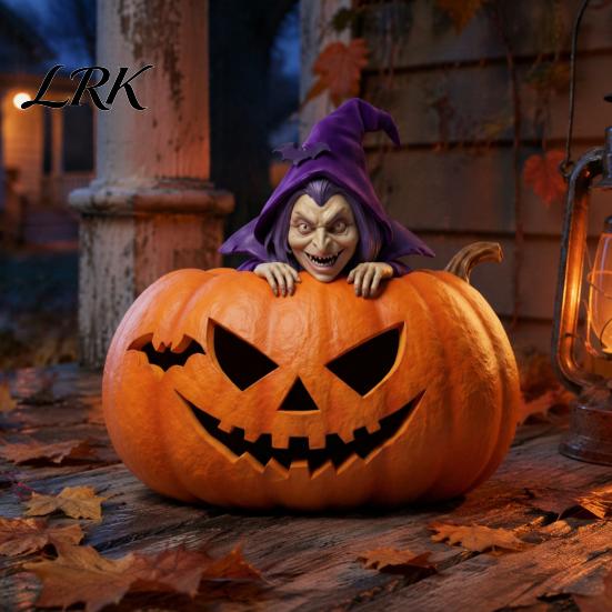 Detailed Resin Ornaments Halloween Pumpkin Witch Figurine, Spooky Bat Tabletop Decor, Stable Hand Carved Base Mini Statue for Window Showcase