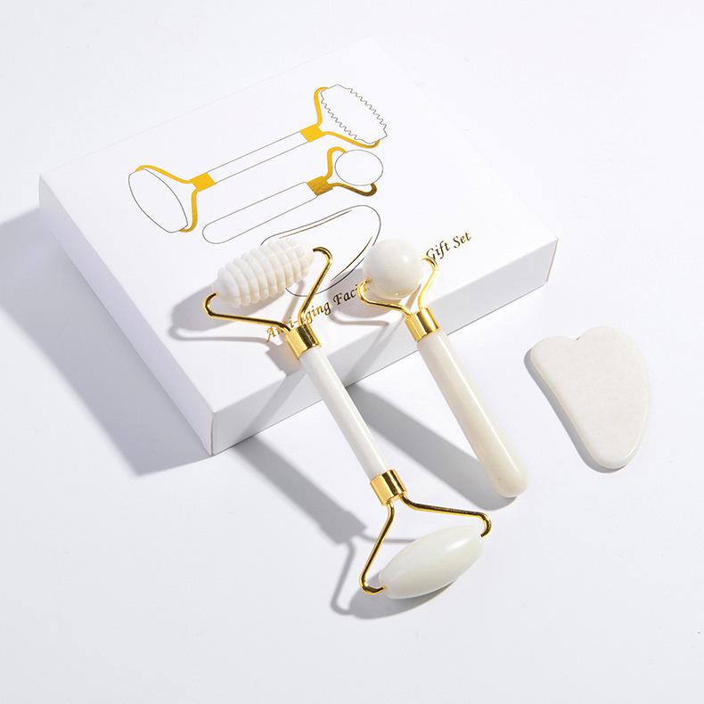 Natural White Marble Face & Eye Massage Stick Roller Set