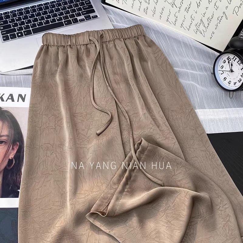 

Женские брюки с высокой талией, жаккардовые атласные с широкими штанинами - в китайском стиле, летний ледяной шелк M кофейный