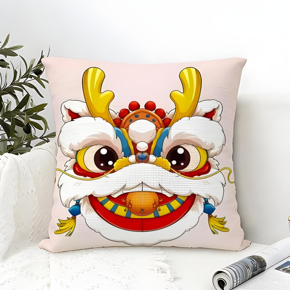 Oriental Festive Lion Print Pillow Case Cotton Linen Fabric Square Zipper Pillowcase Home Decorative Living Room