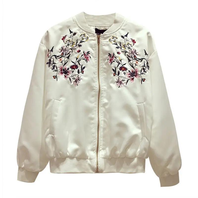 Damen Bomberjacken Weiblich Frühling Herbst Bestickt Weiß Baseball Flieger Mäntel Locker Trend Oberbekleidung Modern