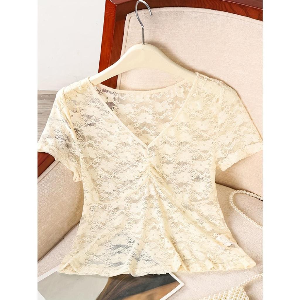 Women's Sexy Lace Crop Top Fashion, Short Sleeve Slim Fit Blouse Hot Colorful for Popular America & Europe Cross Border