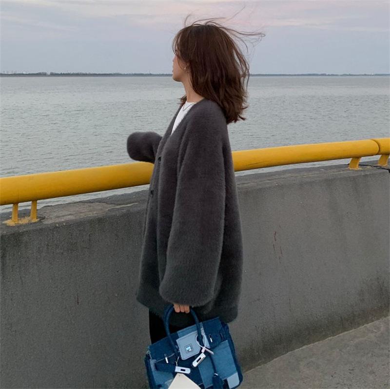 Japanese Style V-Neck Loose Knit Mink Cardigan - Spring/Autumn 2025 Fashion Sweater for Women