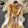 Spring Autumn Women Vintage Print Lace-up Collar Single Breasted Long Maxi Holiday Party Dresses with Belt