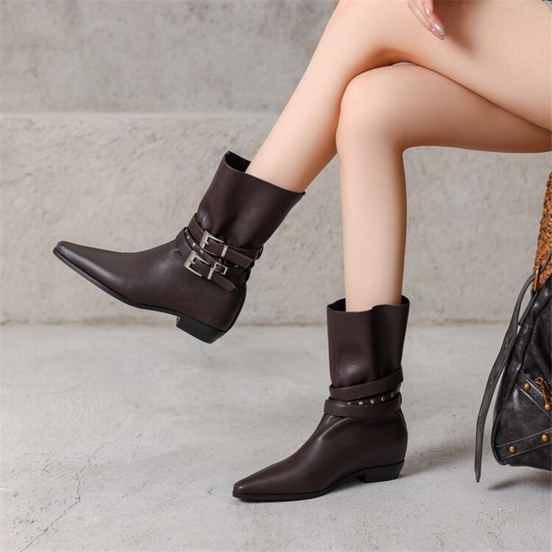 Fashion New Autumn Winter Split Leather Women Boots Fashion Belt Buckle Western Boots for Women Thick Heel Short Boots Height Increasing