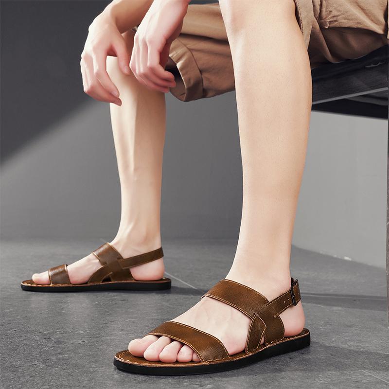 Men Slippers Handmade Simple Flats Summer Roman Sandals Retro Brown Leather Beach Shoes Plus Size