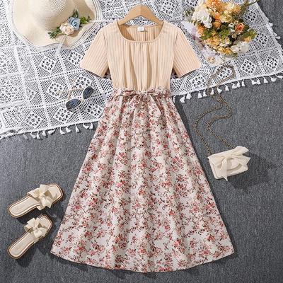 Rochie de vară trendy, europeană și americană, cu petice florale, cu mânecă scurtă, pentru copii