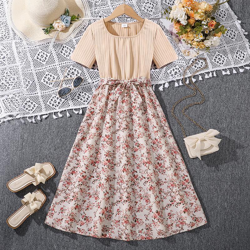 Trendy European and American Floral Patchwork Short Sleeve Summer Dress for Kids 140cm/9Y светло-коричневого