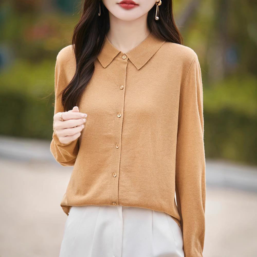 Polo Collar Knitted Cardigan: Slim Fit, Solid Color, Versatile for Spring & Autumn Women's Business Casual Wear