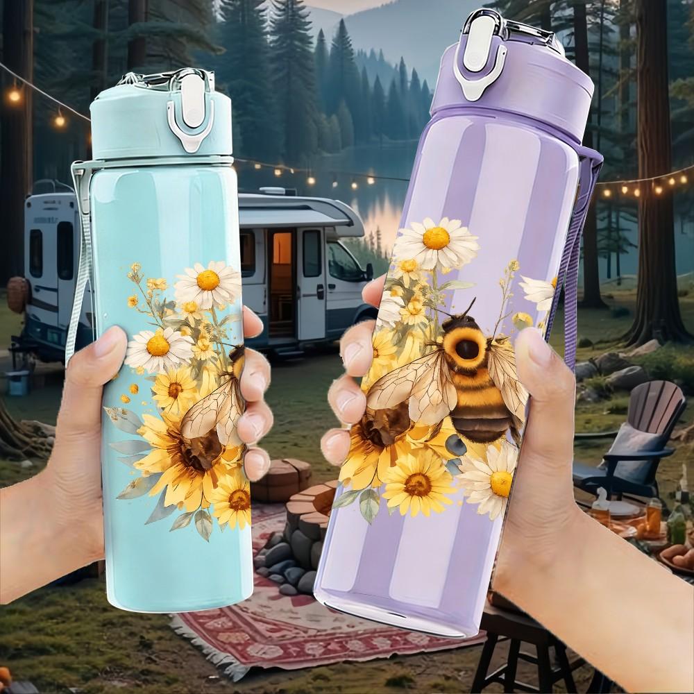 1PC Sunflower Wild Stem Flower Print 750ml Color Plastic Sports Water Bottle Leakproof Flip Straw Lid Suitable for Sports Office Home Use