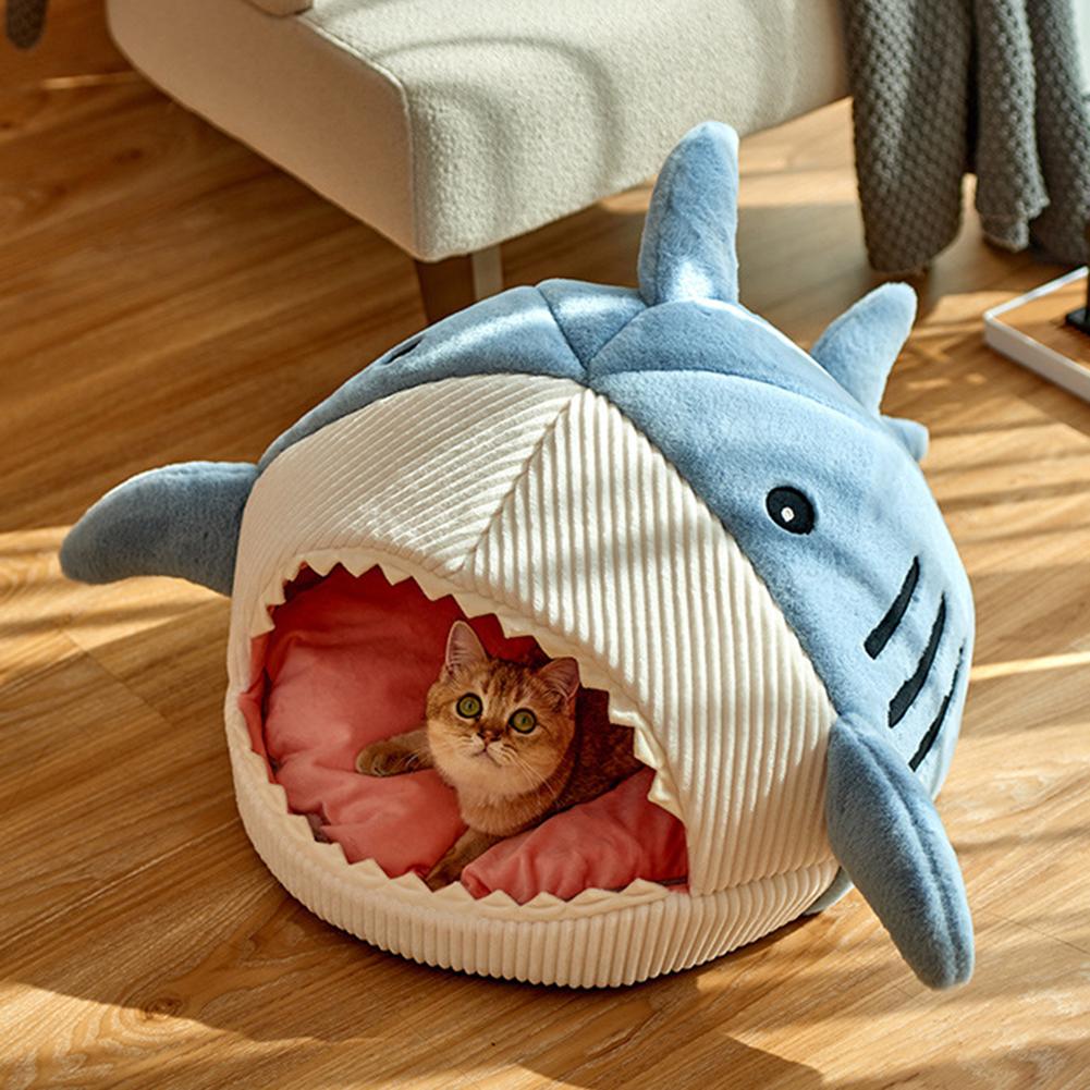Cute Shark Pet Sleeping Bed Hideout House Warm Soft Comfortable Semi-closed Cat Dog Nest Pet Products