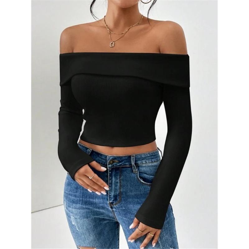 Dames Herfst en Winter A Woord Kraag Slim Honderd Passend Lange Mouw Strapless Kort T-shirt