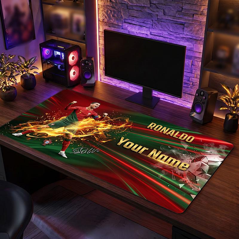 Cristiano Ronaldo Custom Large Mouse Pad, Personalized Name Text Print, Football Logo Non‑Slip Desk Mat Gaming Gift