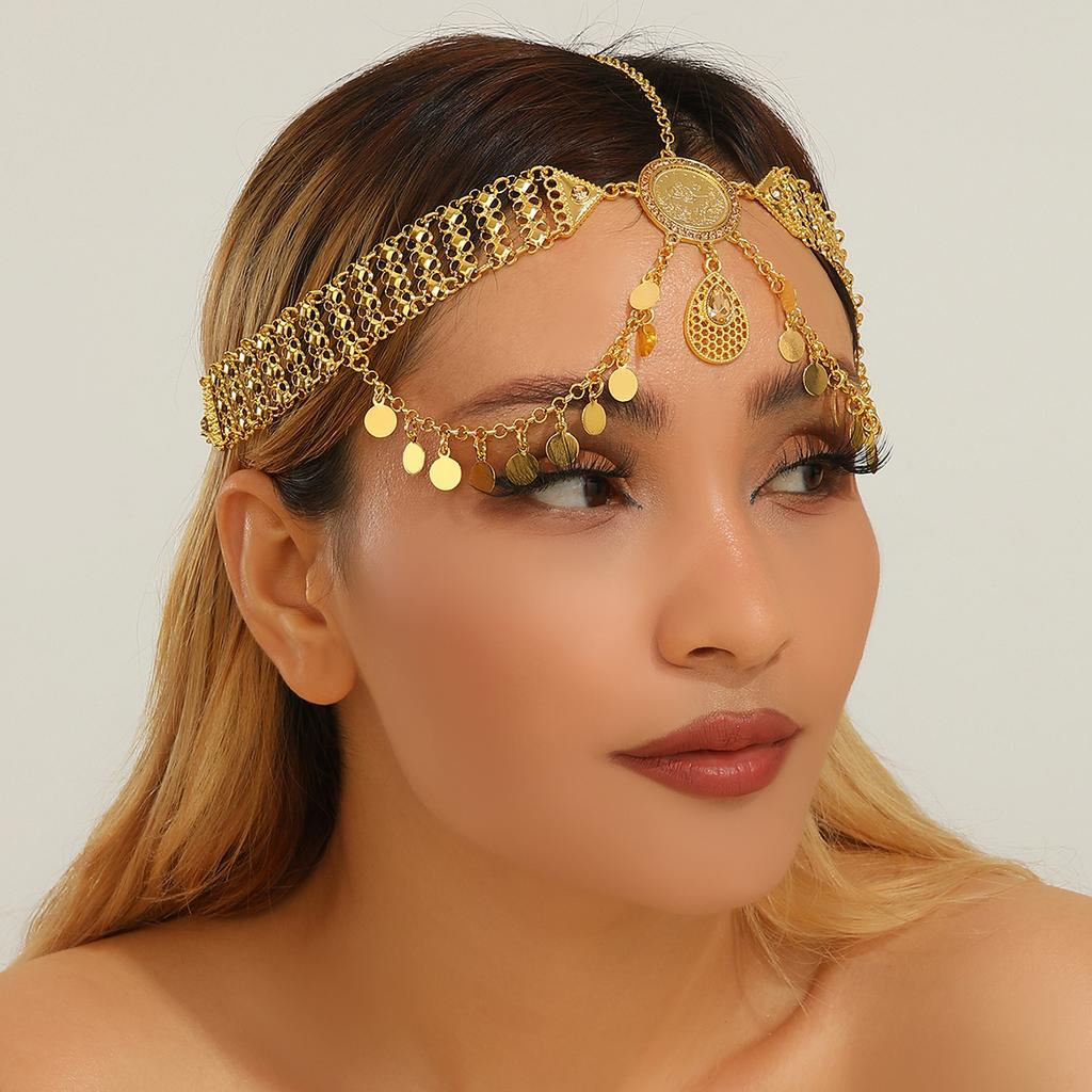 Orientalischer Kopfschmuck Goldfarbene Legierung Münze Strass Wassertropfen Paillette Quaste Kopfkette Hochzeit Braut Kopfschmuck