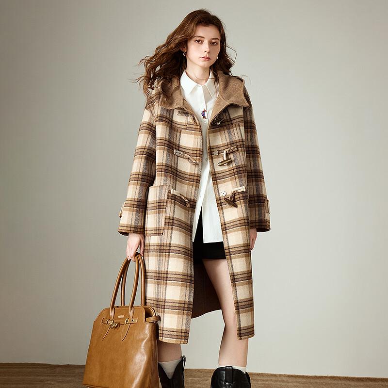 Chuyu Women's Loose Fit Plaid Wool Blend Hooded Coat