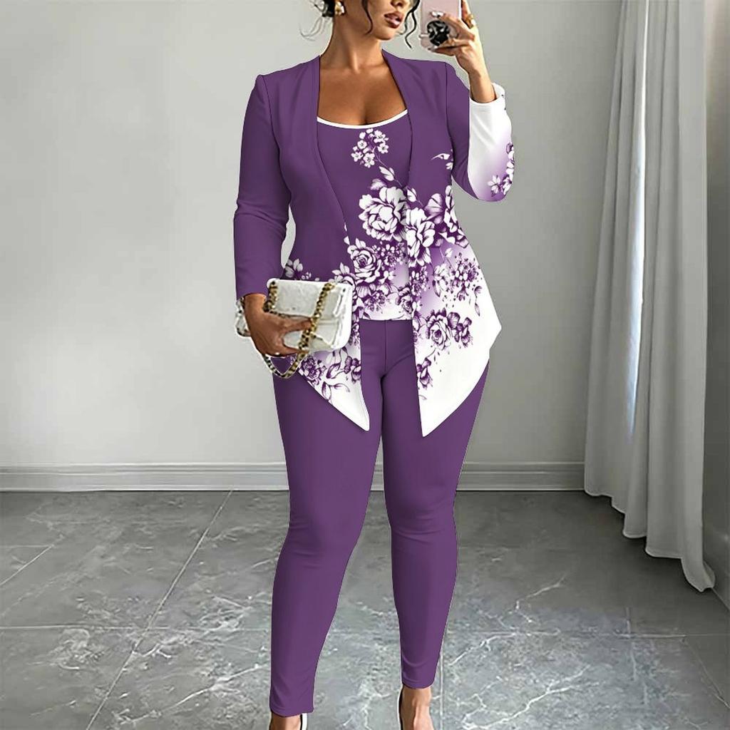 Plus Size Floral Print 3 Piece Outfit, Long Sleeve Open Front Cardigan Cami Top Leggings Set for Women