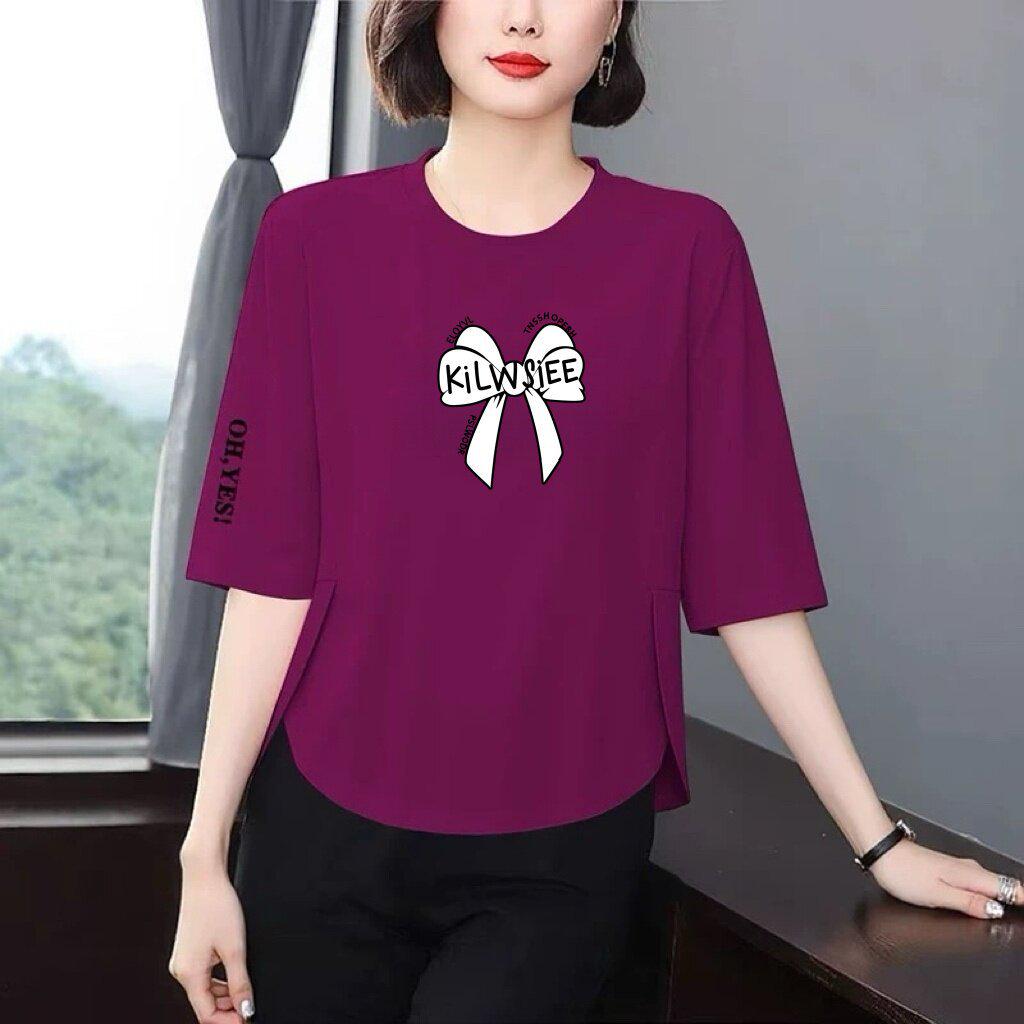 

Korean Retro Chic Bow Print Seven-Sleeve T-Shirt for Women - Flattering Loose Fit, Perfect for a Rejuvenating Look M
