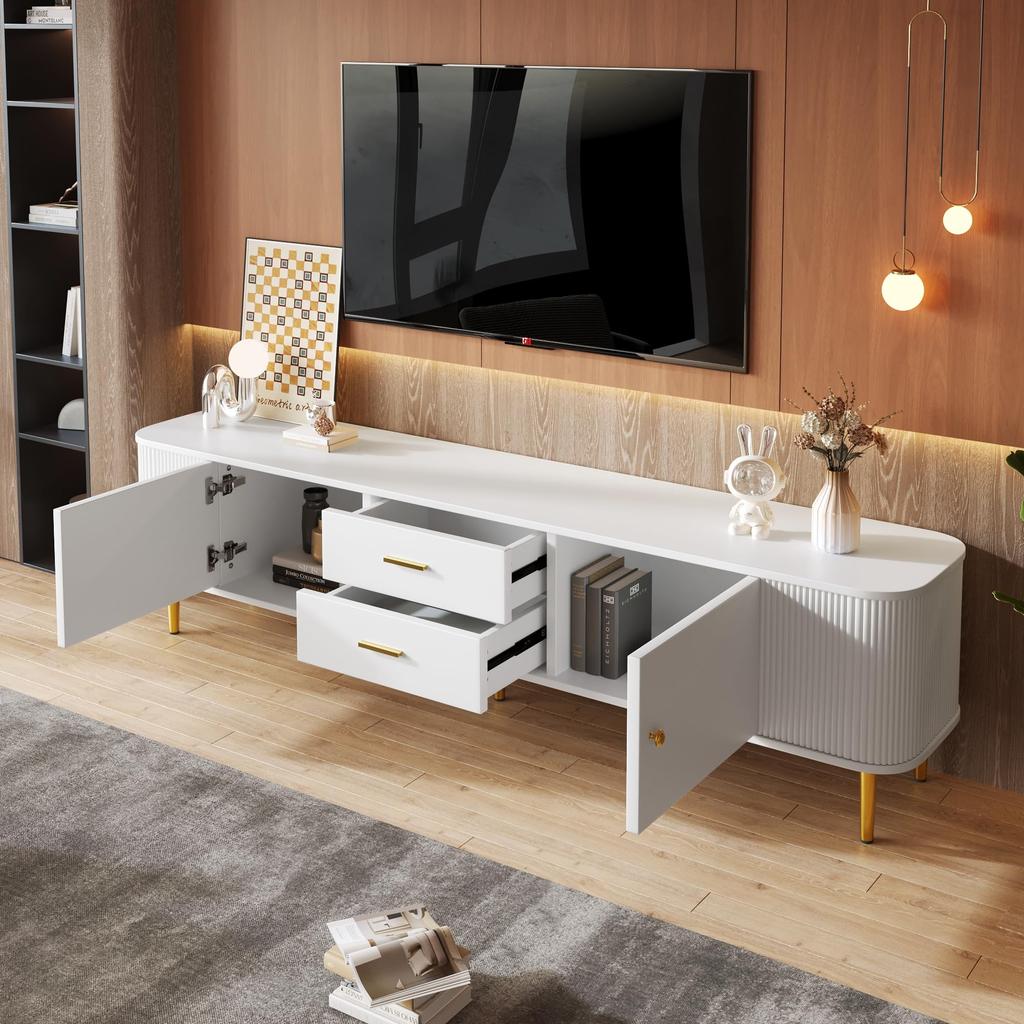 Dulap TV, cu laterale ondulate și mânere aurii, 2 uși, 2 sertare, design modern, colțuri rotunjite, sigur și funcțional, pentru living