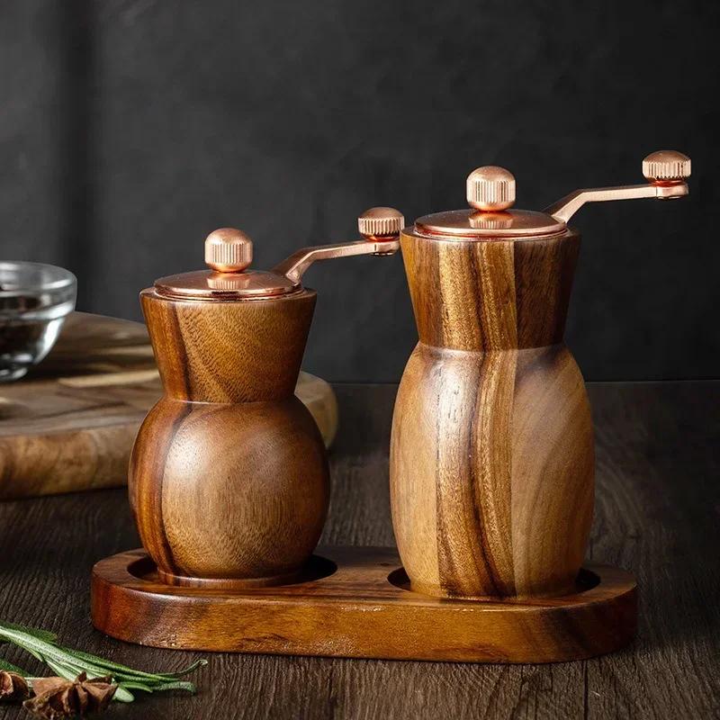 Hand Cranked Pepper Grinder Set Vase Shape Acacia Wooden Black Pepper Grinder Adjustable Ceramic Core Kitchen Grinding Tools
