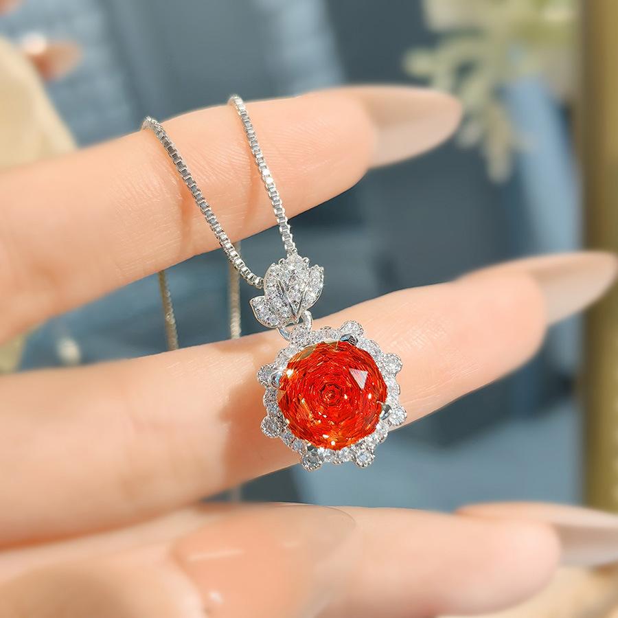 Rose Ring Octagonal Millennial Rose Cut Chinese Red Flower Necklace Pendant Set With High Carbon Diamond Stud Earrings Set