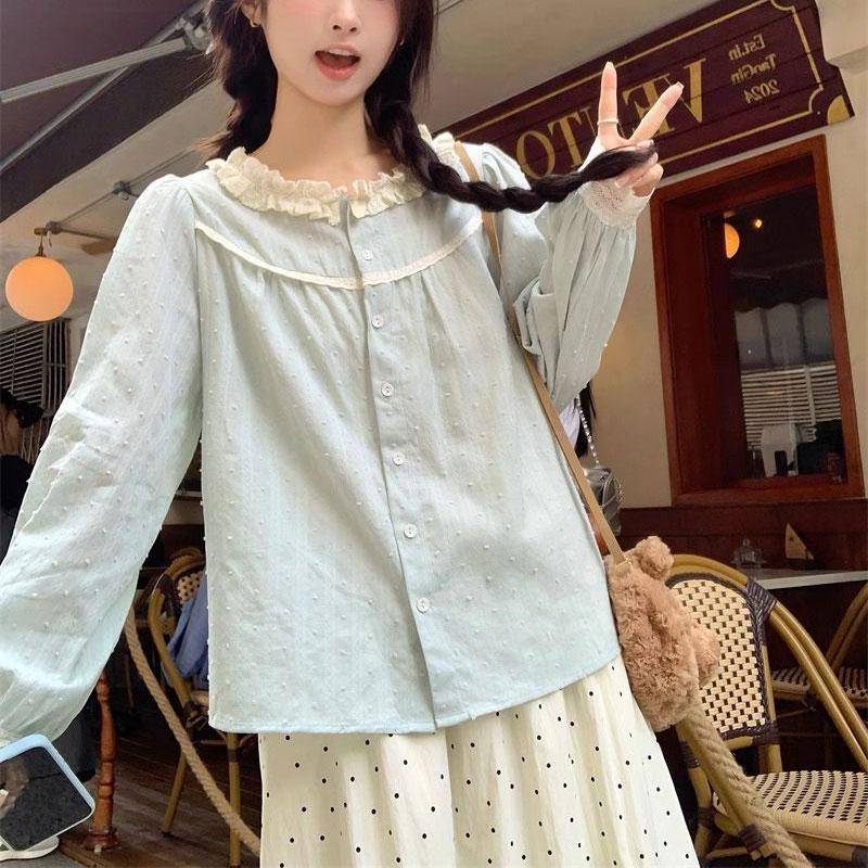 Spring Autumn Sweet Shirt French Lace Spliced Women's Polka Dot Chic Single-breasted Commute Long Sleeve Blouse