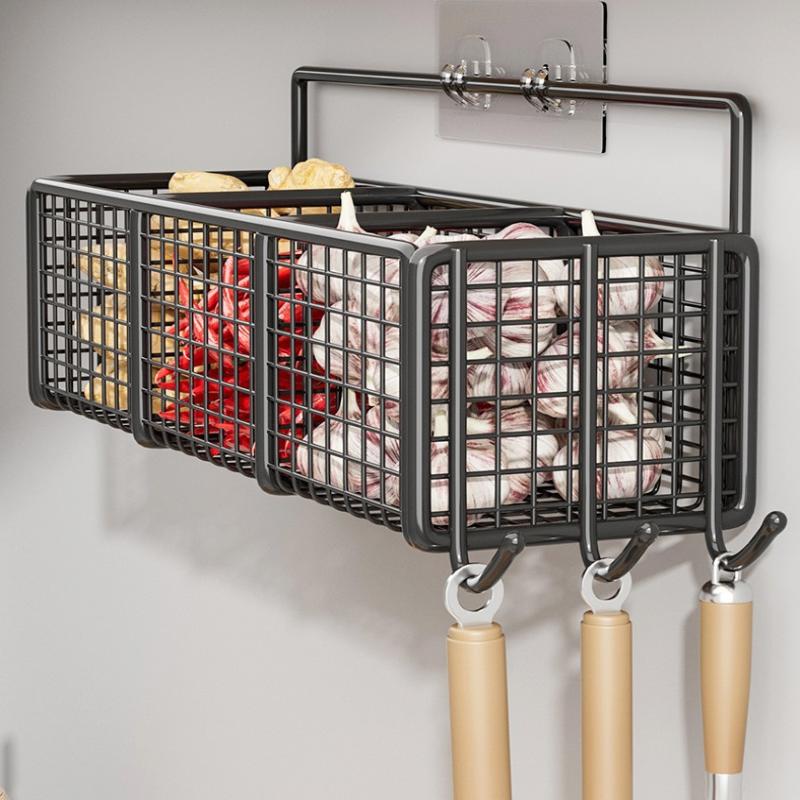 1/2/3 Grid Onion Ginger Garlic Kitchen Shelf Wall Hanging Condiments Spice Vegetable Fruit Storage Rack Drain Basket Punch-Free