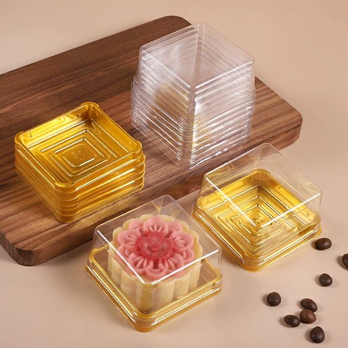 50 Stück - Quadratische Mondkuchenbox mit Deckel, Transparente Vakuumtiefgezogene Box für Eigelbkuchen, Goldene Kunststoff-Pastetenbasis