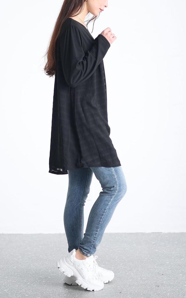 Gold Japan Plus Size Long Check Black Women's Tunic, Sleeve, A-Line, Flared, Pattern, Stretch, Gathered, Winter, Spring, Autumn, Cast-5542019, 3L,