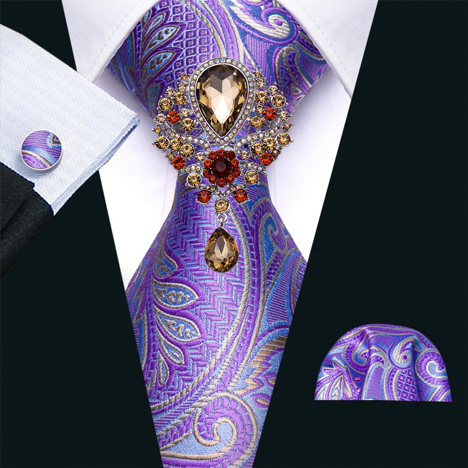 Luxury Tie with Brooch for Men Paisley Solid Formal Silk Necktie Hanky Cufflink Set