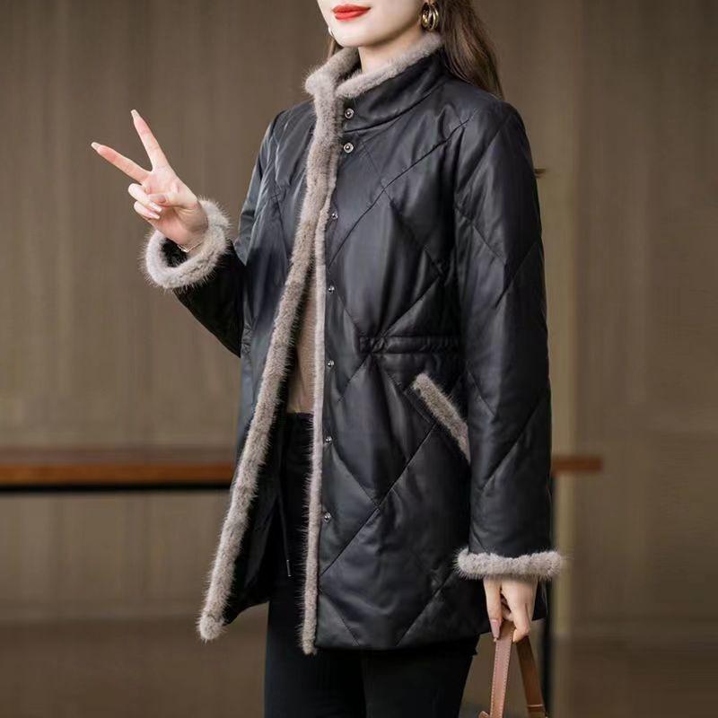 Women Winter Medium Long Stitching Leather Coat Stand-up Imitation Mink Fur Collar Cotton-Padded Jacket Temperament Warm Overcoat