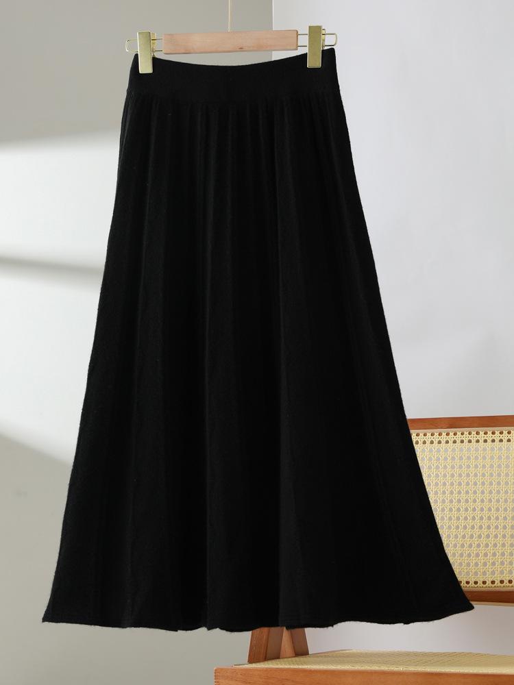 100% Pure Wool Women's Spring-Autumn Mid-Length High-Waisted Pleated A-Line Cashmere Knitted Umbrella Skirt