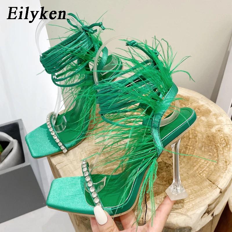 Fashion Eilyken Street Style Square Toe Woman Sandals Fashion Crystal Lace-up Transparent Perspex High Heels Shoes Party Dress Pumps
