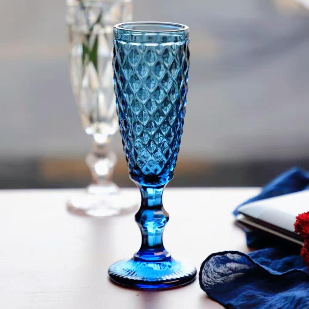 Vintage Tall-Stemmed Champagne and Wine Glasses, Embossed Thickened Juice Cups, Retro Cocktail Style
