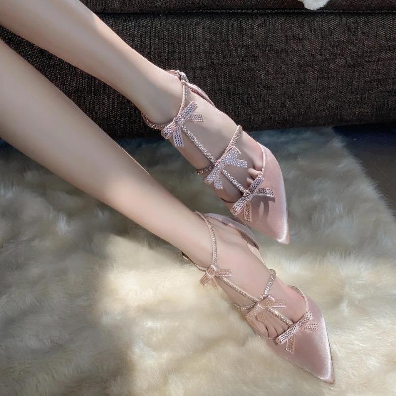Beautiful satin high heels, rhinestone sandals, bow bag head, new shoes, women's bag head, word belt.