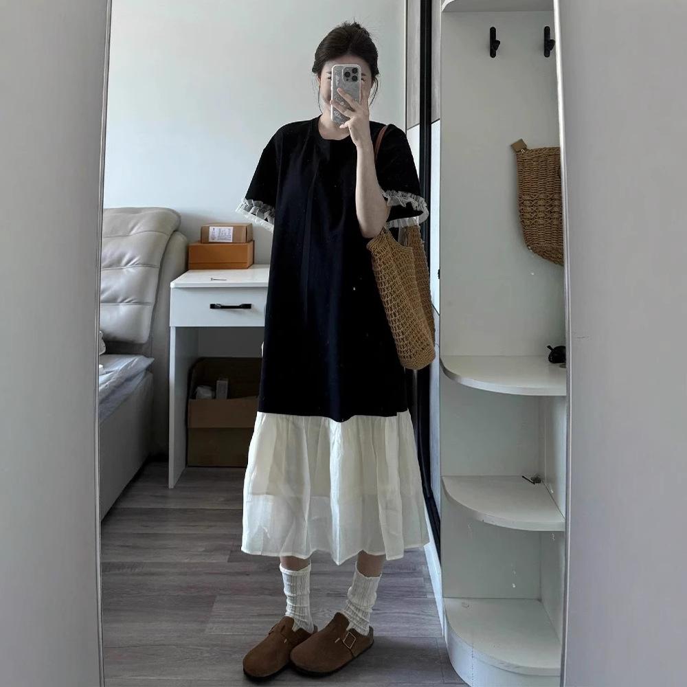 

Loose and slightly fat, covering the meat and showing thinness, long dress for women s summer new black long knee T-shirt skirt S чёрный