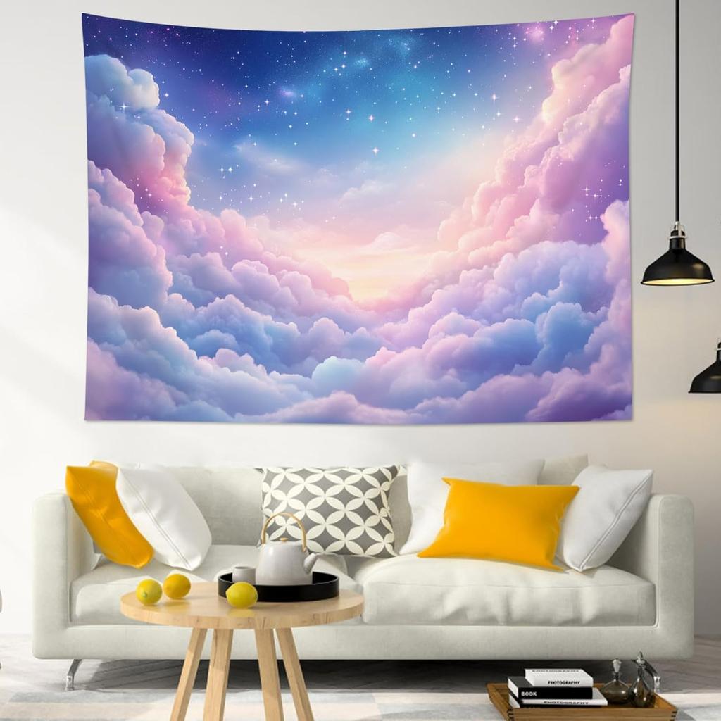 Pink Cloud Tapestry for Bedroom- Blue Starry Sky Wall Tapestry- Aesthetic Nature Scenery Wall Decor Tapestries for Living Room