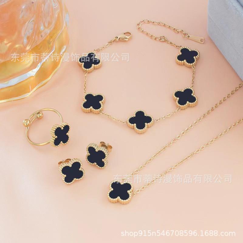 Four Leaf Clover Jewelry Set 18k Plated Necklace Earrings Bracelet Ring Women