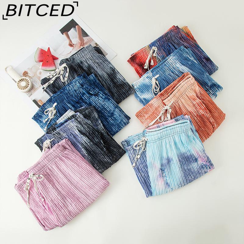 BITCED Tie-Dye Ice Silk Wide-Leg Trousers for Women Summer Lightweight High-Waisted Drape-Effect Colour-Printed Pleated Casual Floor-Length Trousers